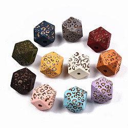 Perles de bois naturel peintes, motif gravé au laser, facette, polygone avec imprimé léopard, couleur mixte, 16x15.5~16.5x15.5~16.5mm, Trou: 3mm