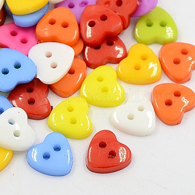 Acrylic Heart Buttons, Plastic Sewing Buttons for Costume Design, 2-Hole, Dyed, Mixed Color, 14x14x3mm, Hole: 1mm Acrylic Heart