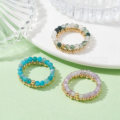 Set Di 3 Anelli Elastici Con Perline Di Cristallo Blu E Palline Argento - Impilabili