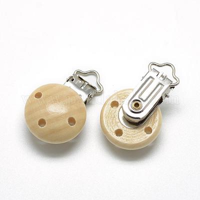 Dyed Wood Baby Pacifier Holder Clips, with Iron Clips, White, 48x29x19mm,  Hole: 13.5x5mm 