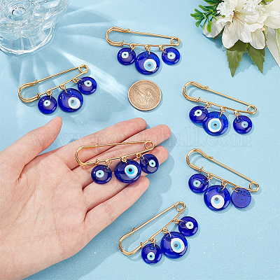 6 Pcs Lampwork Evil Eye Safety Pin Brooch, Turkey Evil Eye Brooch Pins Dark Blue Stainless Steel Brooch for Backbag, Party