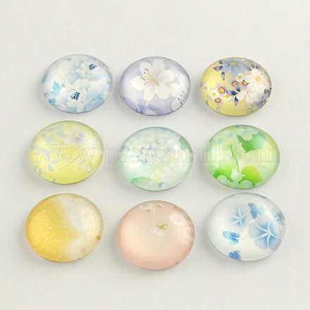 Flower Pattern Flatback Half Round Glass Dome Cabochons for DIY Projects X-GGLA-R026-10mm-08-1