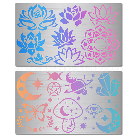 GORGECRAFT 2 Styles Metal Lotus Stencil Flowers Moon Planet Butterfly Mushroom Pattern Reusable Stainless Steel Painting Template for Wood Burning Carving Pyrography Engraving DIY-WH0378-001-1