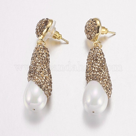 Shell Pearl Polymer Clay Rhinestone Dangle Earrings EJEW-P140-J05-1