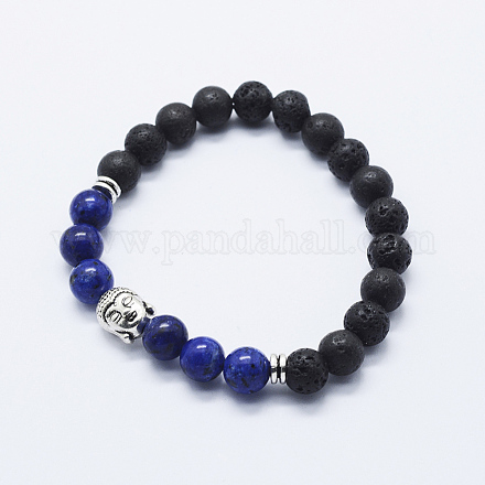 Natural Lava Rock and Lapis Lazuli Stretch Bracelets BJEW-E318-03C-1