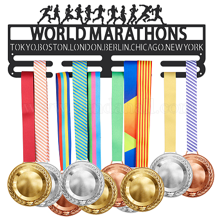 Superdant porte-médailles du marathon mondial tokyo boston londres berlin chicago new york présentoir de médailles crochets muraux en fer noir pour 40+ présentoir à médailles suspendu porte-médailles de compétition ODIS-WH0021-229-1