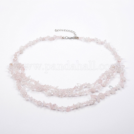 Natural Rose Quartz and Glass Seed Beads Tiered Necklaces X-NJEW-K100-05J-1