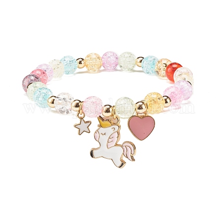Bracelet extensible en perles rondes couleur bonbon avec breloque coeur licorne pour femme BJEW-JB07636-04-1