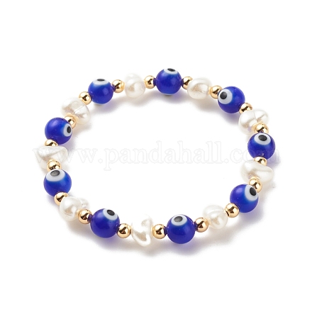 Lampwork Evil Eye & Plastic Pearl & Brass Stretch Bracelet for Women BJEW-JB08386-03-1