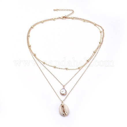 Многоуровневые ожерелья с жемчугом кеши и ракушкой каури с покрытием из натурального жемчуга в стиле барокко NJEW-JN02389-1