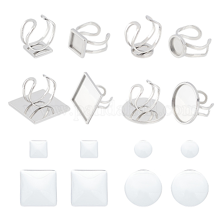 Unicraftale 8 juego de kit de fabricación de anillos de puño cuadrado redondo abierto bandeja de bisel tamaño EE. UU. 7~8 201 bases de anillo de cabujón en blanco de acero inoxidable con cabujones de vidrio juego de cúpulas para hacer anillos DIY-UN0003-99-1