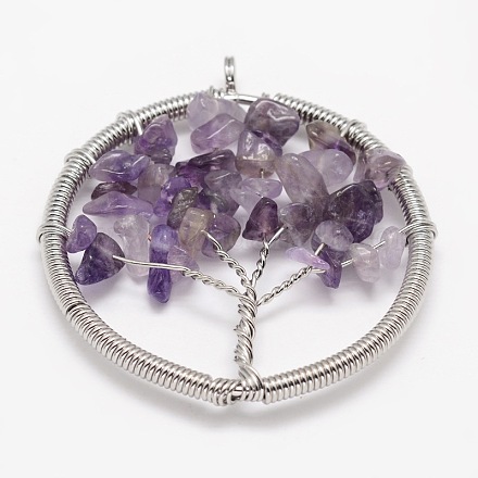 Tree of Life Natural Amethyst Bead Brass Wire Wrapped Big Pendants KK-L136-03A-NR-1