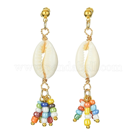 Natural Shell & Glass Seeds Dangle Stud Earrings EJEW-JE05408-1