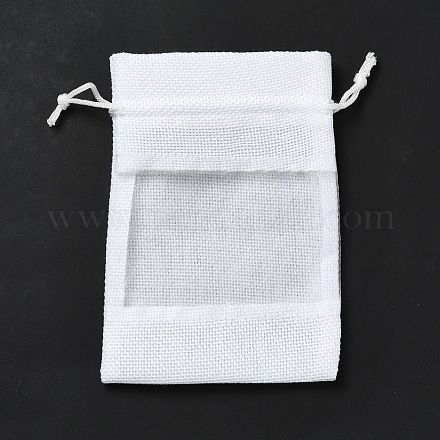 リネンポーチ  巾着袋  オーガンジー窓付き  長方形  ホワイト  14x10x0.5cm ABAG-I009-02A-1