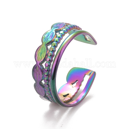 Ion Plating(IP) Rainbow Color 304 Stainless Steel Oval Wrap Open Cuff Ring for Women RJEW-C025-11M-1