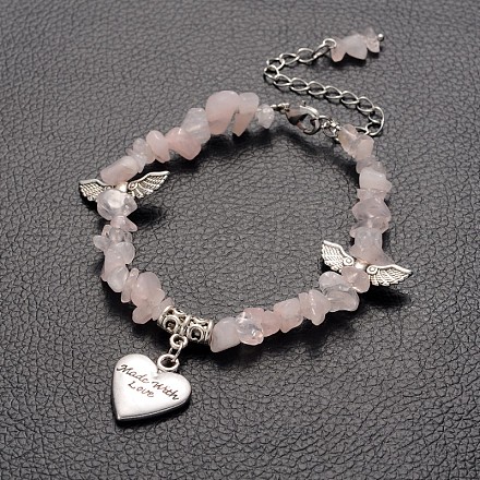Natural Rose Quartz & Alloy Heart Charm Bracelets For Valentine's Day BJEW-JB01883-01-1