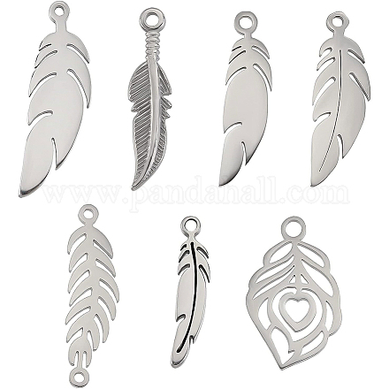 BENECREAT 28Pcs 7 Styles 201 Stainless Steel Feather Charms Metal Pendants Feather Charms Collection for Jewelry Making DIY Findings STAS-BC0003-18-1
