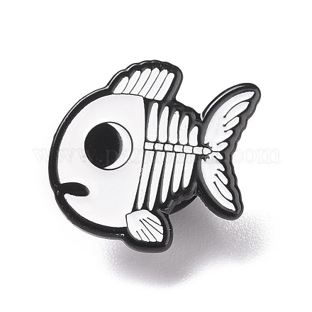 魚の骸骨のエナメルピン  バックパックの服のためのハロウィーンの合金バッジ  電気泳動黒  ホワイト  17x17.5x1.5mm  ピン：1.3mm JEWB-H006-37EB-1