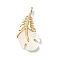 Brass Micro Pave Cubic Zirconia Pendants, with Shell, Feather Charms, Real 14K Gold Plated, 33.5x18x4mm, Hole: 3x2mm