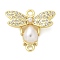 Brass Micro Pave Cubic Zirconia Connector Charms, Bees Charms, with ABS Imitation Pearl, Rack Plating, Long-Lasting Plated, Lead Free & Cadmium Free, Real 18K Gold Plated, 17.5x20x4.5mm, Hole: 1.6mm