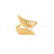 Ion Plating(IP) 304 Stainless Steel Leaf Open Cuff Ring for Women RJEW-S405-175G