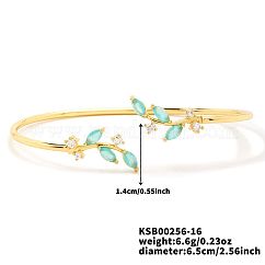Brazaletes abiertos de circonita cúbica con micro pavé de latón, Pulseras con dijes de hojas para mujer, oro, azul, 2-1/2 pulgada (6.5 cm)