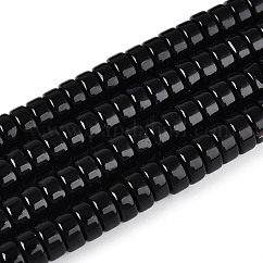 Opake Volltonglasperlenstränge, Flachrund, Schwarz, 6~6.5x3~3.5 mm, Bohrung: 0.8 mm, ca. 114~116 Stk. / Strang, 14.76~14.96 Zoll (37.5~38 cm)