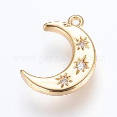Encantos de latón, sin plomo y cadmio, con circonita, luna, dorado, 16x10x2mm, agujero: 1.2~1.5 mm