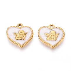 Colgantes de acero inoxidable 304, con esmalte, corazón con dije de ángel, real 18k chapado en oro, revestimiento de iones (ip), blanco floral, 15.5x15.5x3mm, agujero: 1.5~1.8 mm