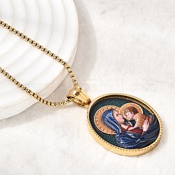 Collier unisexe religieux avec pendentif ovale en acier inoxydable 304 émaillé et chaîne à maillons&nbsp;STAS-H258-02G-01