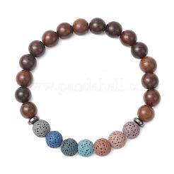 4 bracelet extensible en perles rondes de pierre de lave naturelle teinte et de bois&nbsp;BJEW-JB11886