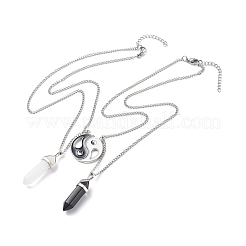Juego de collares con colgante de bala de obsidiana negra y cristal de cuarzo natural de 2 Uds. 2 estilos&nbsp;NJEW-JN03994-02