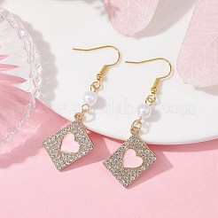 Rectangle de strass en cristal d'alliage avec des boucles d'oreilles pendantes de coeur&nbsp;EJEW-JE05491-03