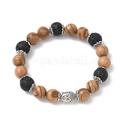 3 bracciale elastico con perline rotonde in legno naturale e pietra lavica di 3 colori&nbsp;BJEW-JB12353