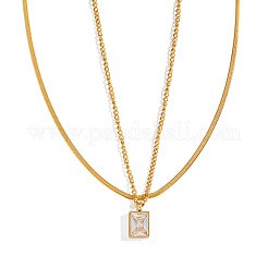 Halsketten aus Edelstahl im europäischen Stil mit Pavé-Fassung und klarem Zirkonia-Rechteckanhänger und Schlangenkette&nbsp;ND1910