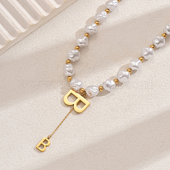 Collier élégant en acier inoxydable avec pendentif lettre B et perles d'imitation pour femme&nbsp;PW1980