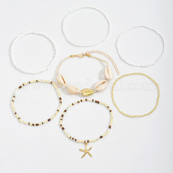 7 pièce 7 styles de bracelets de cheville en perles de verre et coquillages naturels et en alliage avec breloque étoile de mer pour la plage d'été&nbsp;WG60733-06