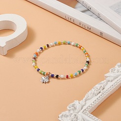 Braccialetto elasticizzato con perline di semi colorati con ciondoli in ottone per donna&nbsp;BJEW-JB09218-02