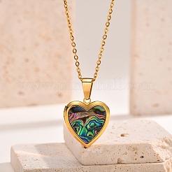 Edelstahl Pavé natürliche Paua-Muschel Liebe Herz Pfirsich Medaillon Anhänger Kabel Kette Halsketten für Frauen&nbsp;PW-WG7AB06-01