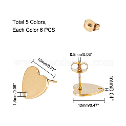 30 pieza de pendientes de botón de acero inoxidable 304 con revestimiento al vacío de PVD en forma de corazón de 5 colores&nbsp;EJEW-UN0001-63