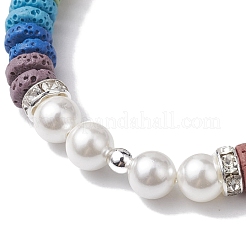 Scheibe 7-farbiger natürlicher Lavastein & 8 mm runde Muschelperlen-Stretcharmbänder für Frauen und Männer&nbsp;BJEW-JB10330-02