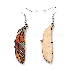 Boucles d'oreilles pendantes plumes de bois vintage bohême&nbsp;EJEW-I261-07P