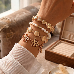 Boho-Armbandsets aus Legierung mit blumenförmigen Muschelgliedern&nbsp;WG172AA-01
