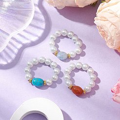 Ovale Fingerringe aus synthetischem Türkis und natürlichem roten Aventurin und Aquamarin&nbsp;RJEW-JR00768