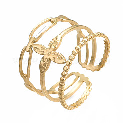 Bague ouverte en acier inoxydable 304 avec motif de fleur&nbsp;X-RJEW-T023-95G