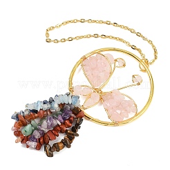 Decorazioni pendenti in ottone a forma di farfalla e quarzo rosa naturale&nbsp;HJEW-Z007-04G-04