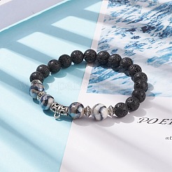 Bracelet extensible en pierre de lave naturelle et agate tibétaine avec tube en alliage perlé&nbsp;BJEW-JB08322-02
