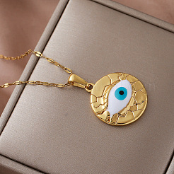 Collana vintage da donna con ciondolo a forma di occhio di Allah in acciaio inossidabile 304 smaltato bianco.&nbsp;QI8338