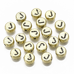 Perline acrilico placcato, foro orizzontale, piatta e rotonda con la lettera, oro placcato, nero, letter.j, 7x4mm, Foro: 1.2 mm, su 3196 pc / 444 g.