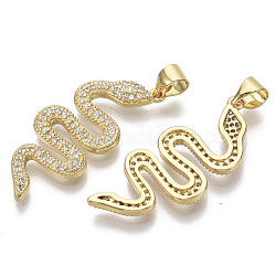 Brass Micro Pave Cubic Zirconia Pendants, with Brass Snap On Bails, Nickel Free, Snake, Clear, Real 16K Gold Plated, 29.5x12.5x2mm, Hole: 4x3.5mm